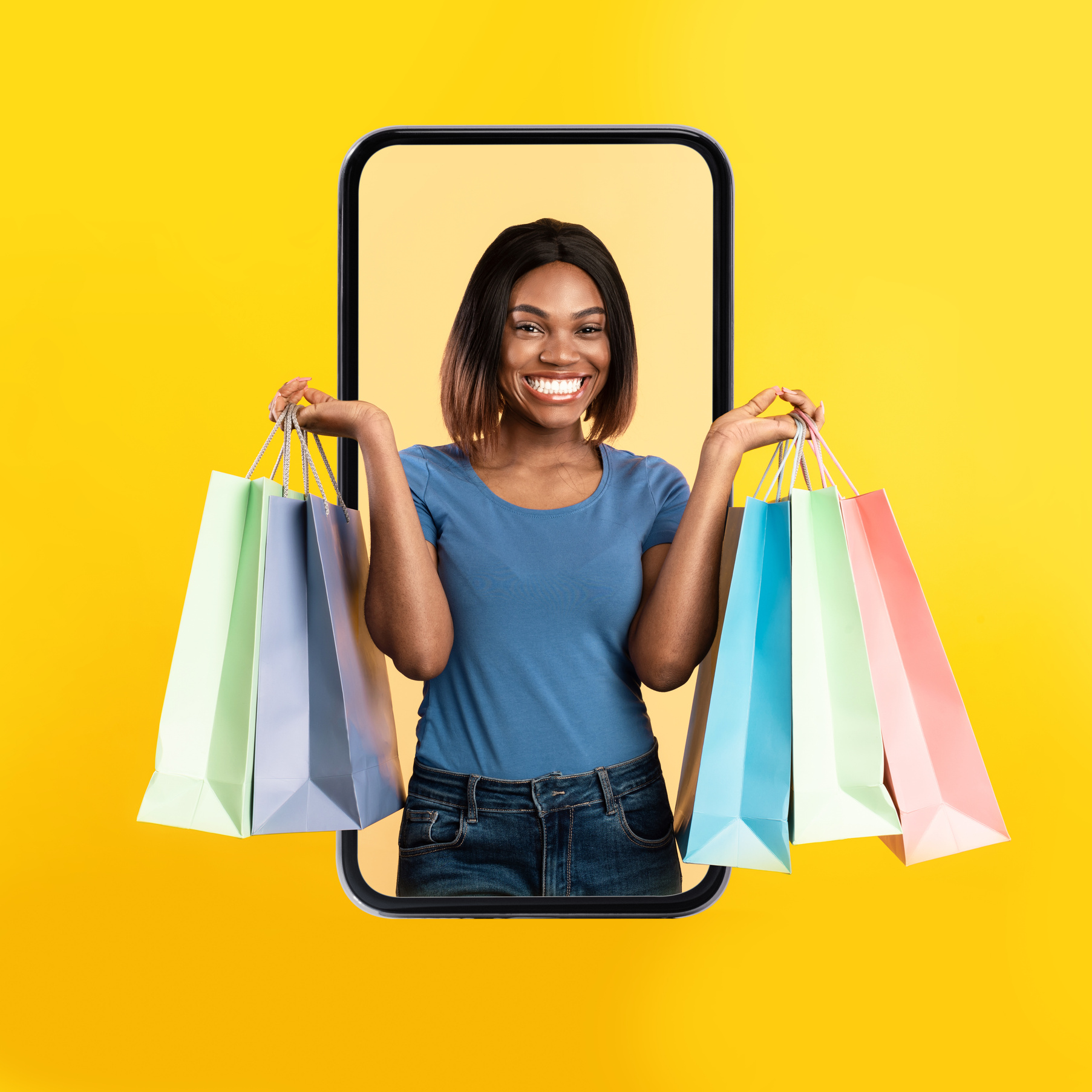 Excited Black Woman Coming Out Screen with Shopping Bags